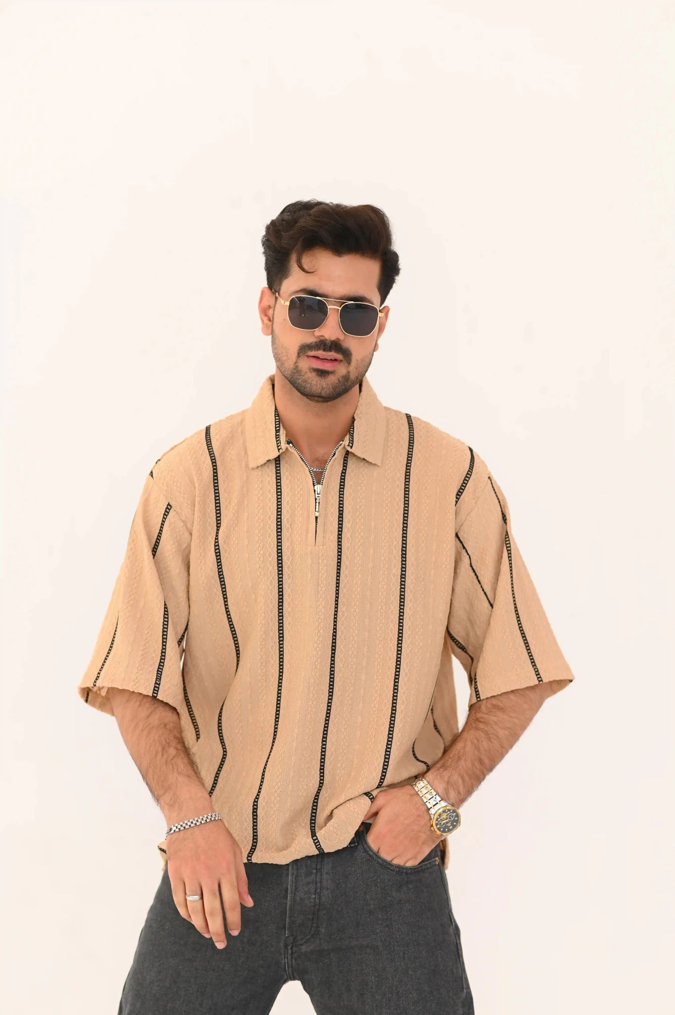 Textured Oversized Half Zip Shirt – Imported – Vibe Z9