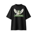 Black t-shirt with a graphic of an eagle holding a flag and 'Peacemaker' text on a white background