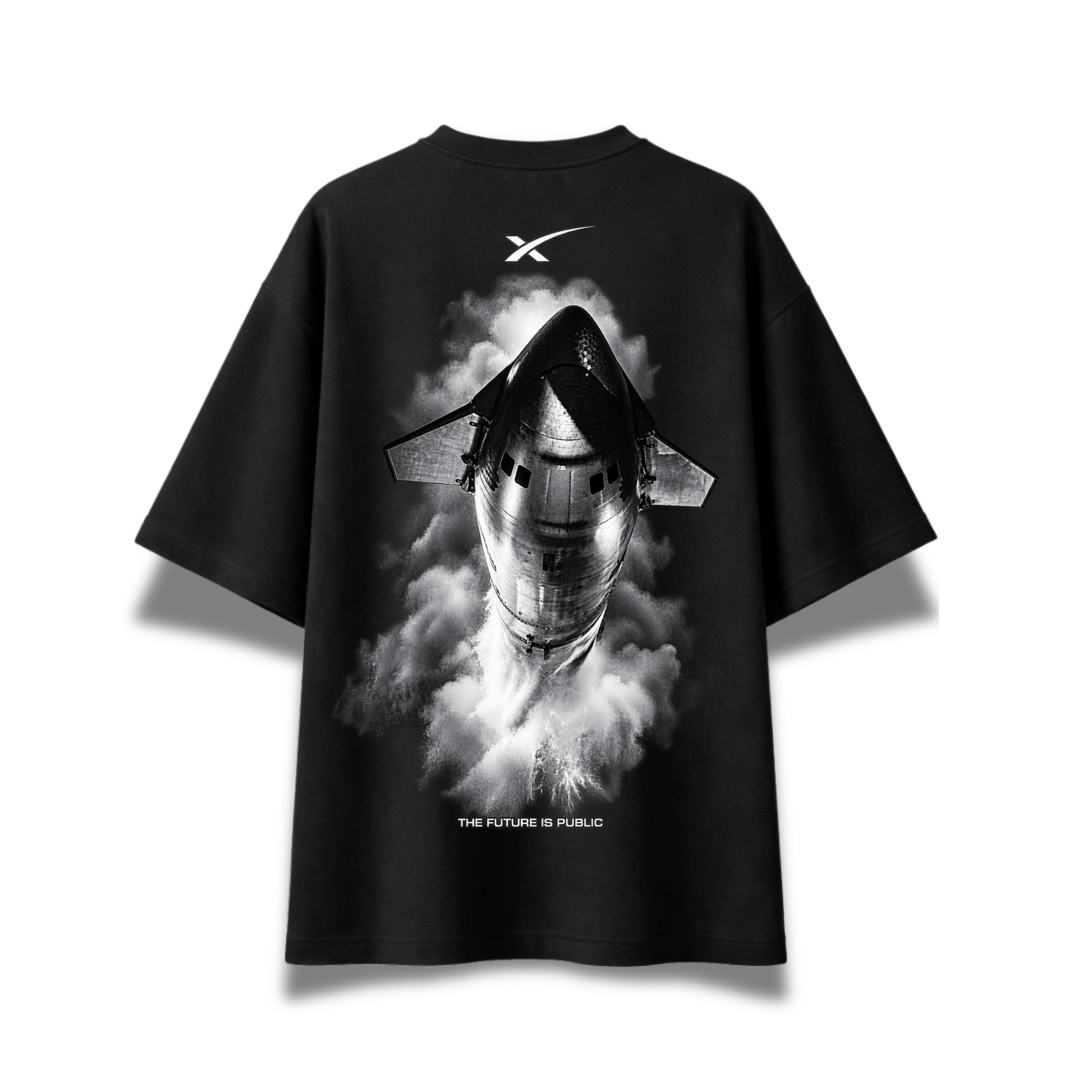 A black short-sleeve t-shirt with a large black-and-white graphic of a space shuttle emerging from smoke on the front. The shirt features a white stylized 'X' logo on the upper chest and the text 'THE FUTURE IS PUBLIC' near the bottom of the graphic, displayed against a clean white background.