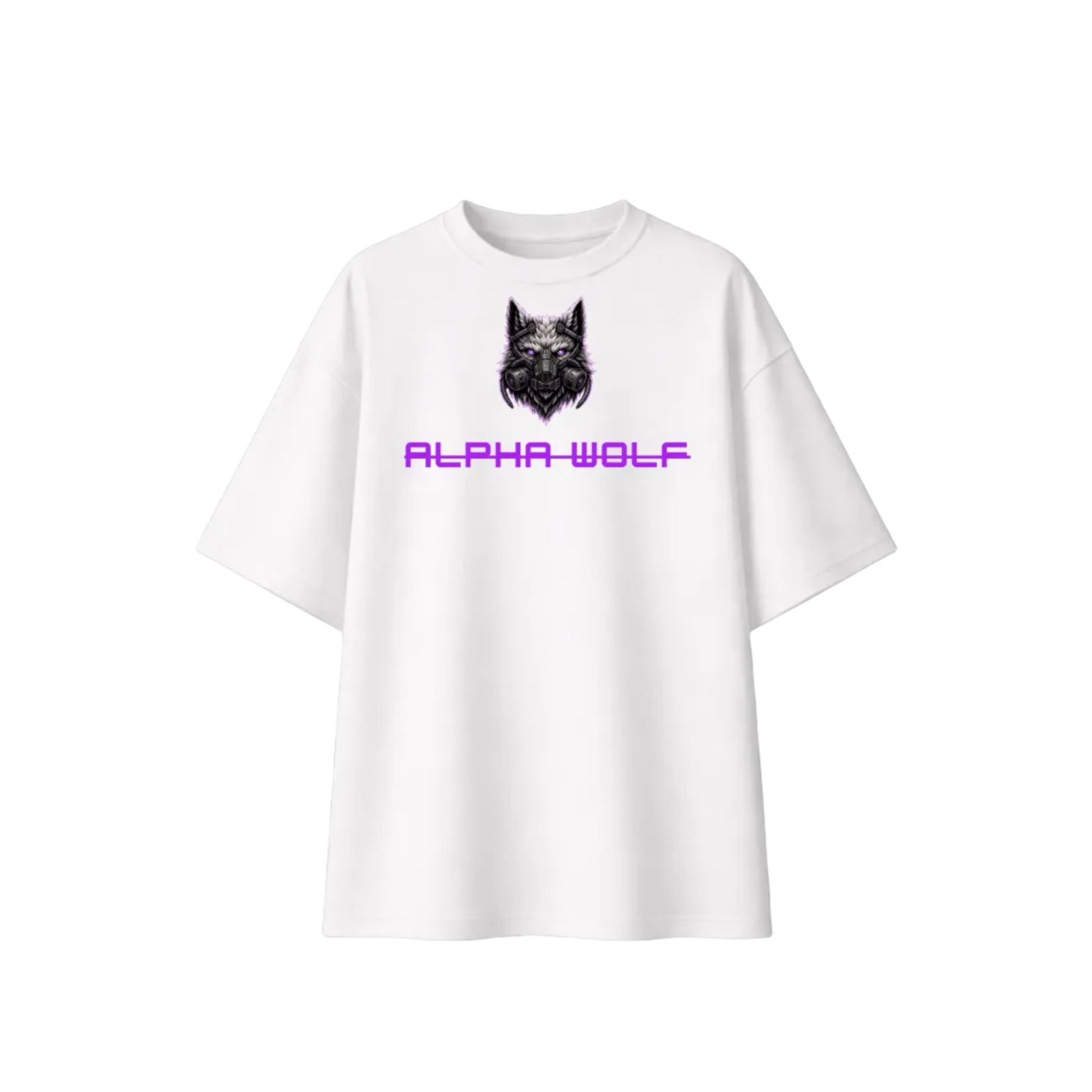 White t-shirt with 'Alpha Wolf' logo on a white background