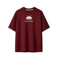 Maroon t-shirt with a pixelated alien and 'PRESS START' text on a white background
