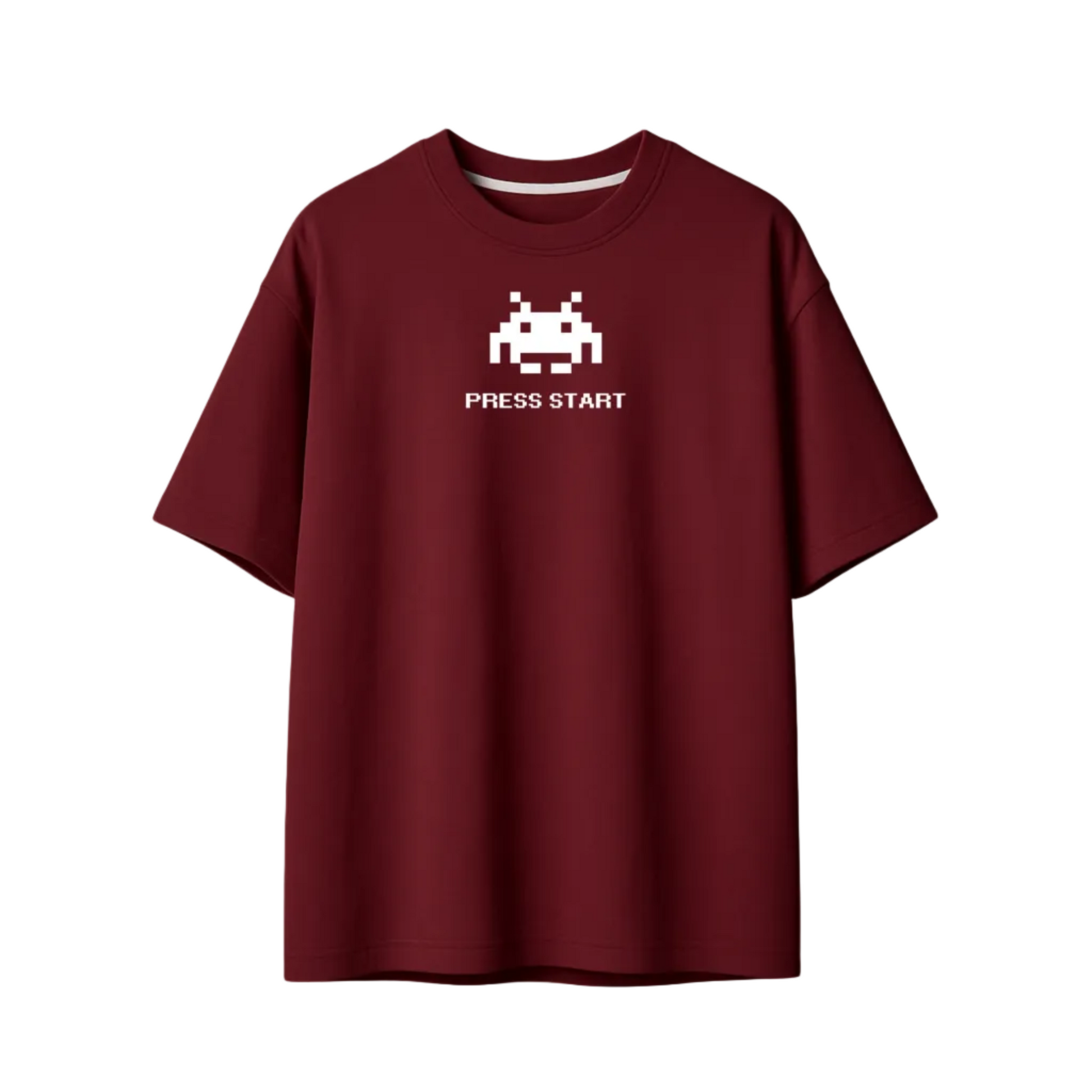 Maroon t-shirt with a pixelated alien and 'PRESS START' text on a white background