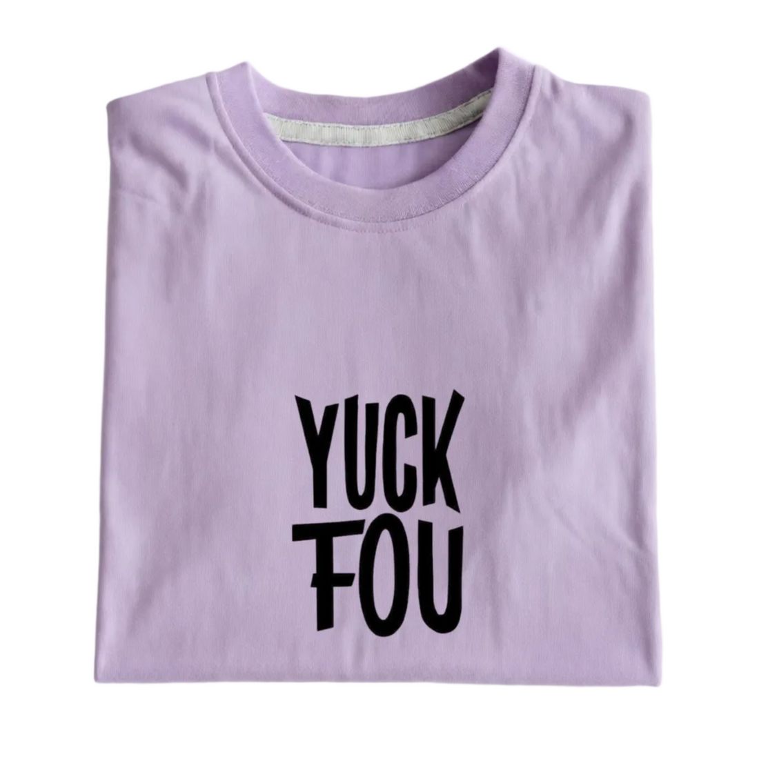 Folded purple t-shirt with 'YUCK FOUL' text on a white background