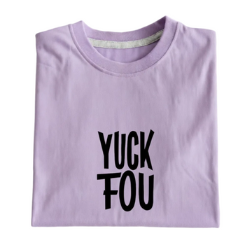 Folded purple t-shirt with 'YUCK FOUL' text on a white background