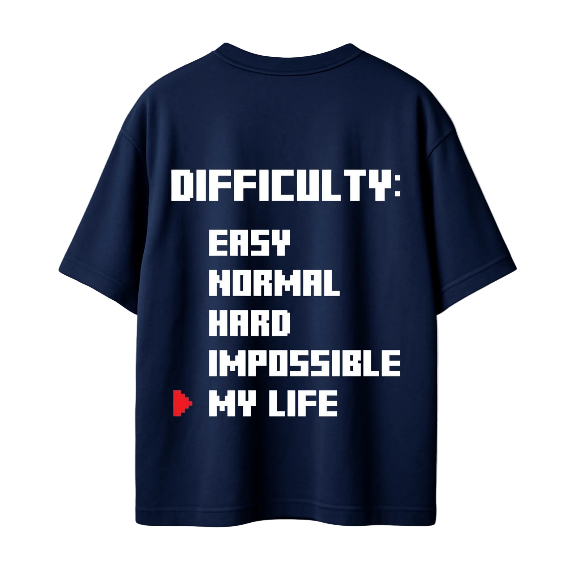 Navy blue t-shirt with white text on the back on a white background