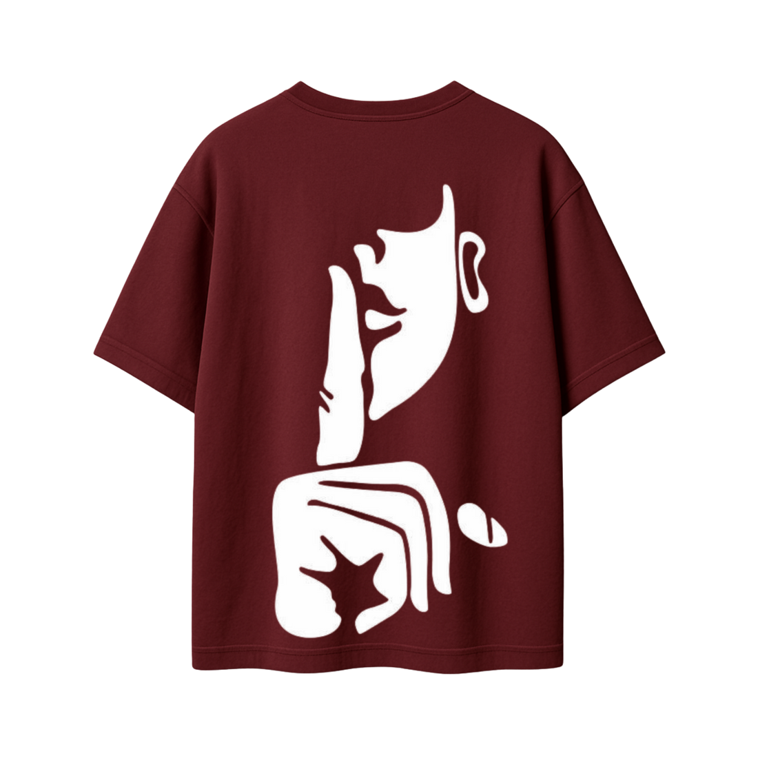 Black oversized graphic T-shirt featuring a large abstract face illustration on the back.