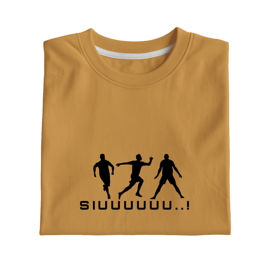 A folded mustard yellow t-shirt with a black graphic of three silhouetted soccer players and the text 'SIUUUUUU.