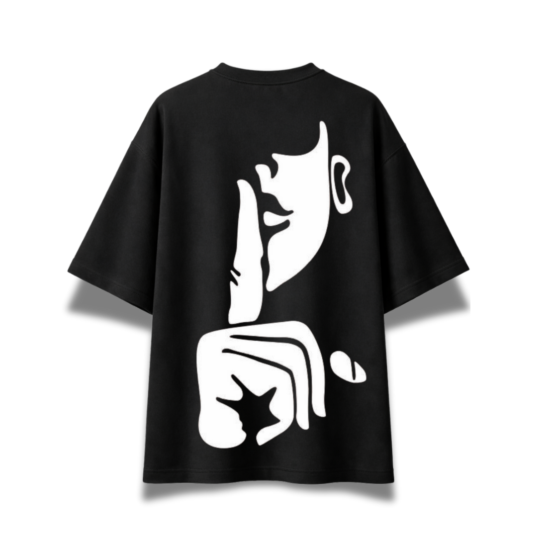 Black oversized graphic T-shirt featuring a large abstract face illustration on the back.