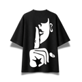 Black oversized graphic T-shirt featuring a large abstract face illustration on the back.