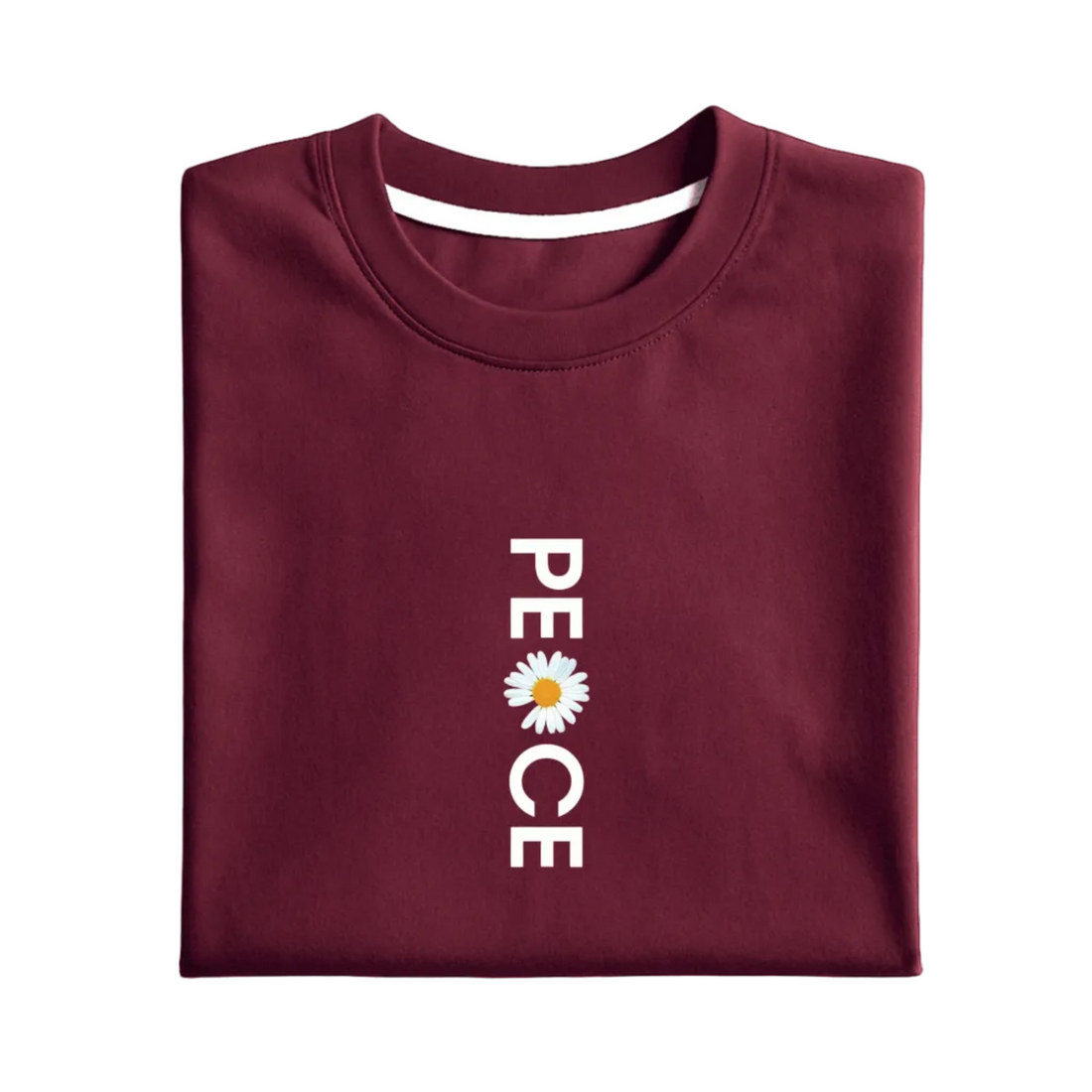 Folded maroon sweatshirt with 'PEACE' and a flower graphic on a white background