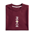 Folded maroon sweatshirt with 'PEACE' and a flower graphic on a white background