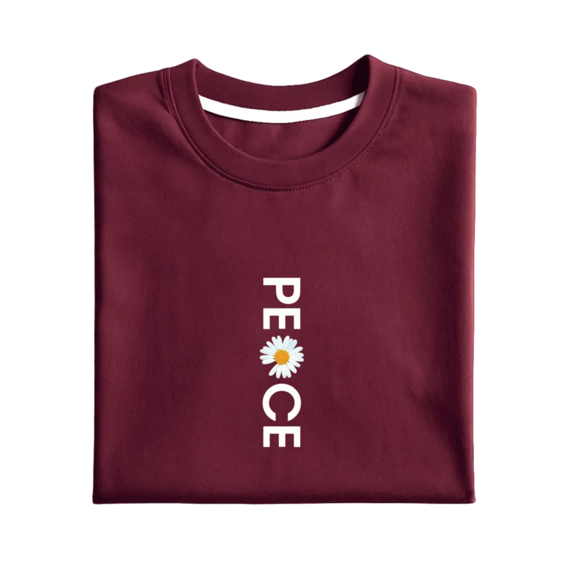 Folded maroon sweatshirt with 'PEACE' and a flower graphic on a white background