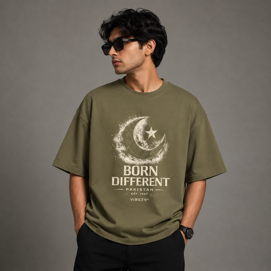 Born Different Made of Green Olive Oversized Graphic T-Shirt