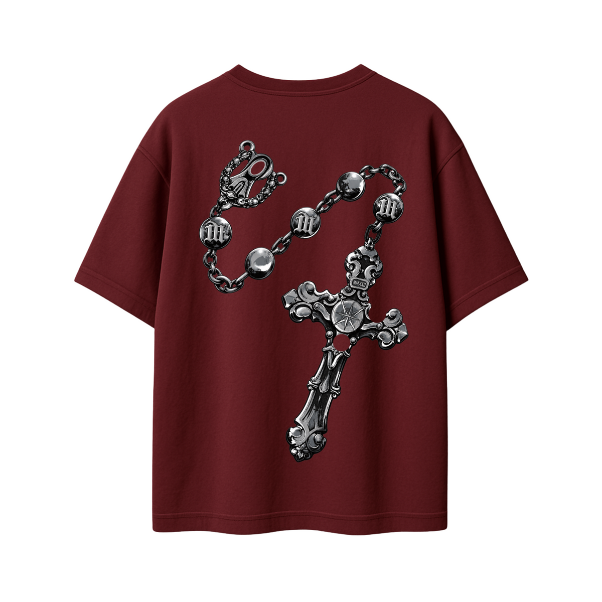 A maroon short-sleeve t-shirt featuring a large, detailed graphic of a silver gothic-style rosary with skull and cross details printed on the front, set against a plain white background.