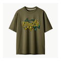 An olive green short-sleeve t-shirt with a graphic on the chest featuring the text 'VibeZ9' in gold with a 3D effect, overlaid with yellow flowers and green leaves, shown against a plain off-white background.