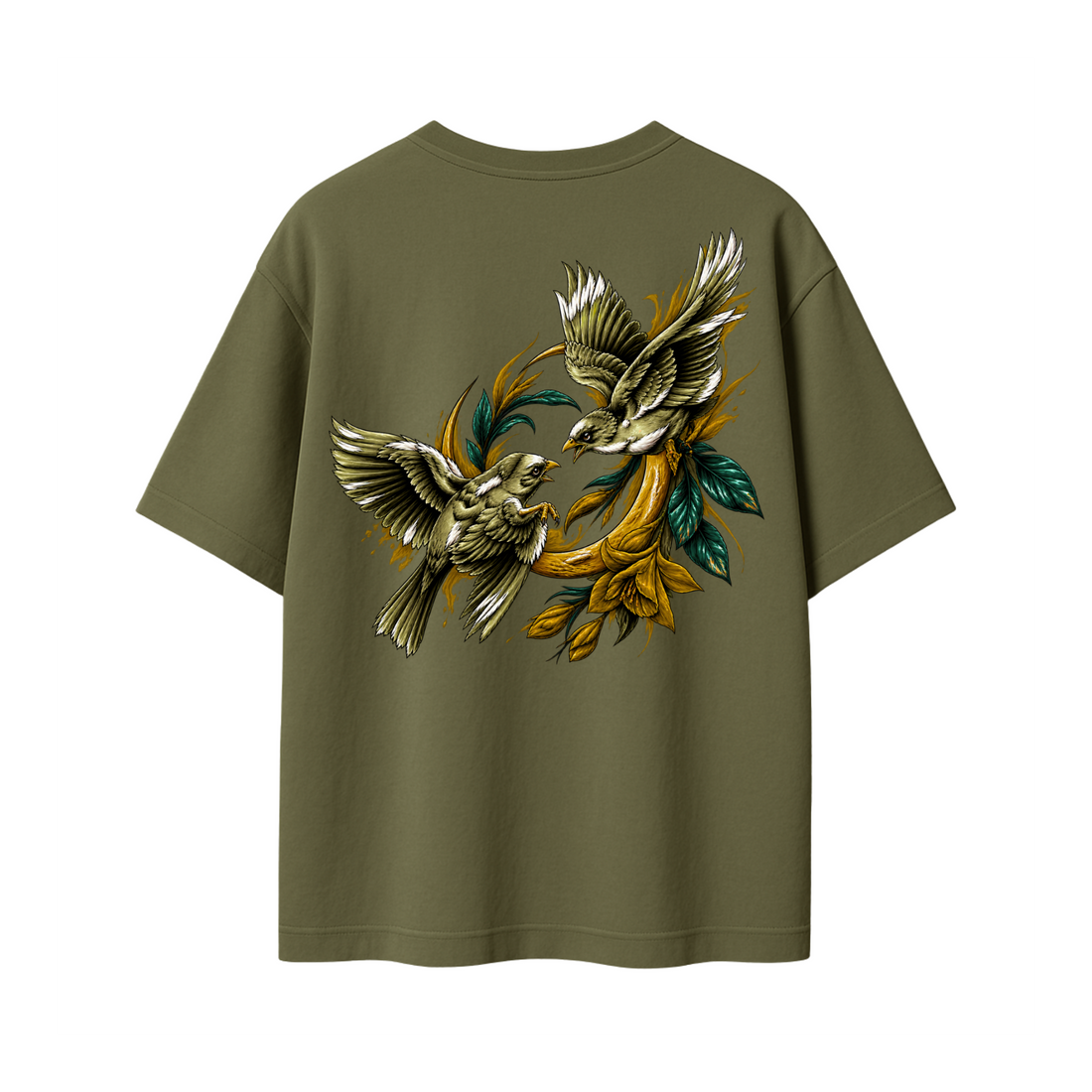 An olive green short-sleeve t-shirt with a graphic on the chest featuring the text 'VibeZ9' in gold with a 3D effect, overlaid with yellow flowers and green leaves, shown against a plain off-white background.