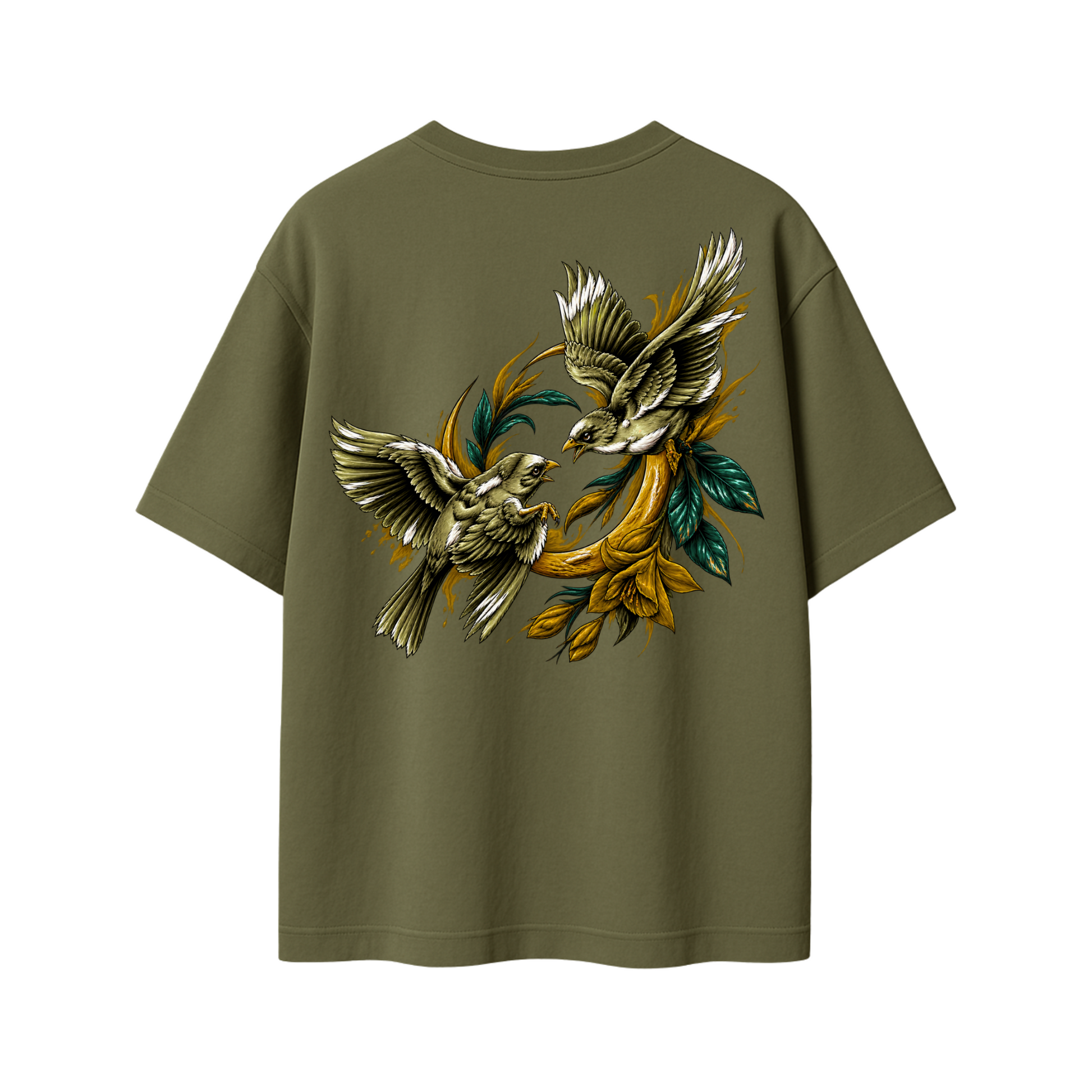 An olive green short-sleeve t-shirt shown from the back, featuring a large graphic print of two stylized birds in gold, white, and teal tones.