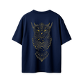 A navy blue short-sleeve t-shirt shown from the back, featuring a large, detailed gold owl graphic with celestial patterns.