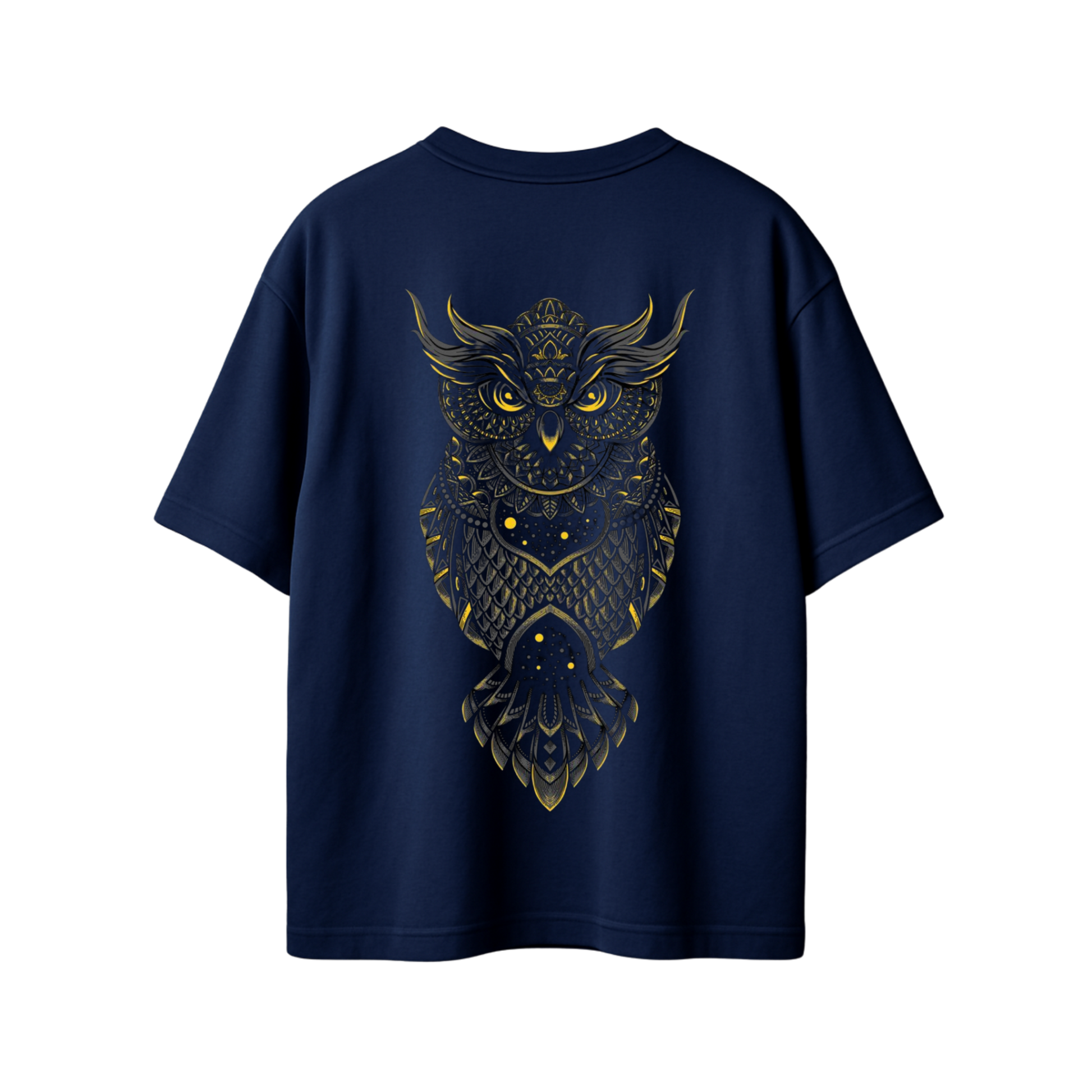 A navy blue short-sleeve t-shirt shown from the back, featuring a large, detailed gold owl graphic with celestial patterns.