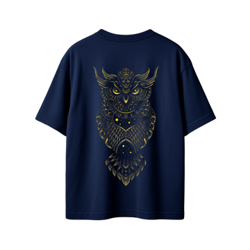 A navy blue short-sleeve t-shirt shown from the back, featuring a large, detailed gold owl graphic with celestial patterns.