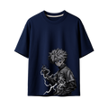 A navy blue short-sleeve crewneck t-shirt featuring a large graphic print of an anime character with spiky gray hair and lightning effects, displayed on a clean white background.
