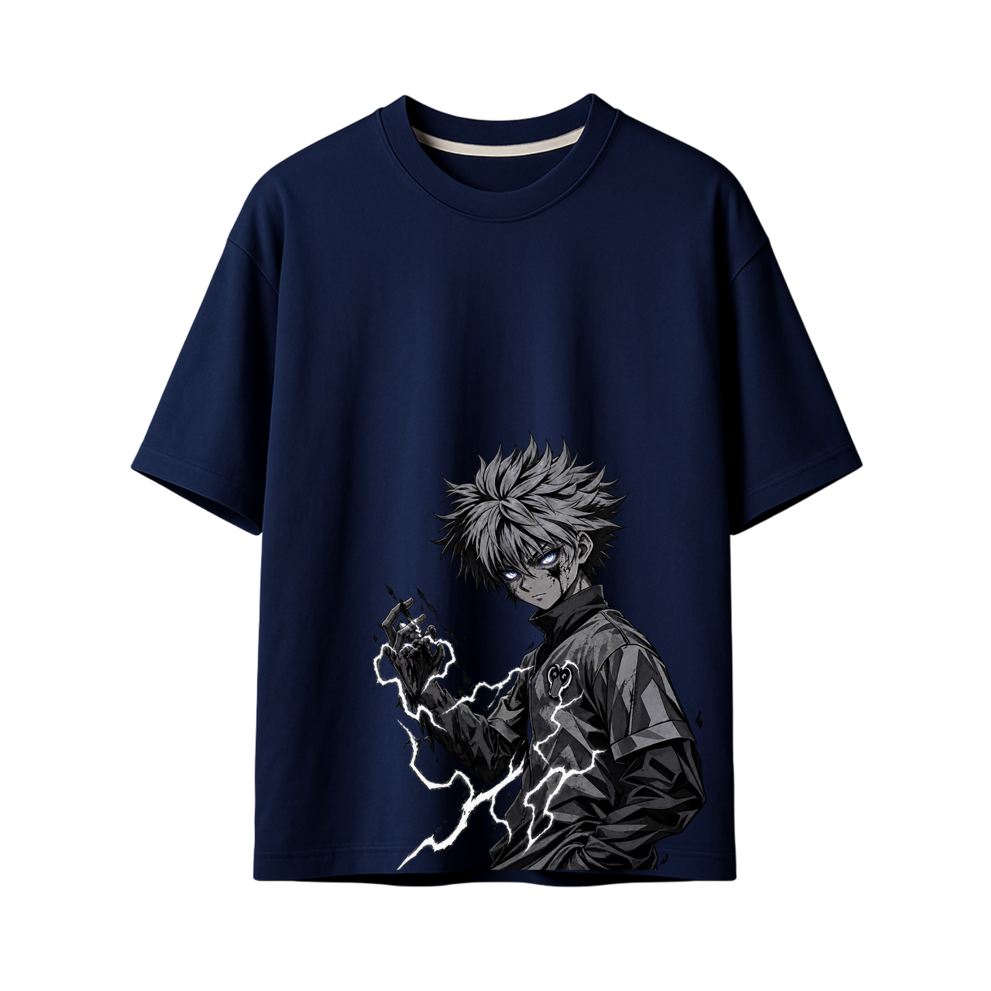 A navy blue short-sleeve crewneck t-shirt featuring a large graphic print of an anime character with spiky gray hair and lightning effects, displayed on a clean white background.