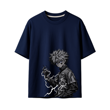 A navy blue short-sleeve crewneck t-shirt featuring a large graphic print of an anime character with spiky gray hair and lightning effects, displayed on a clean white background.