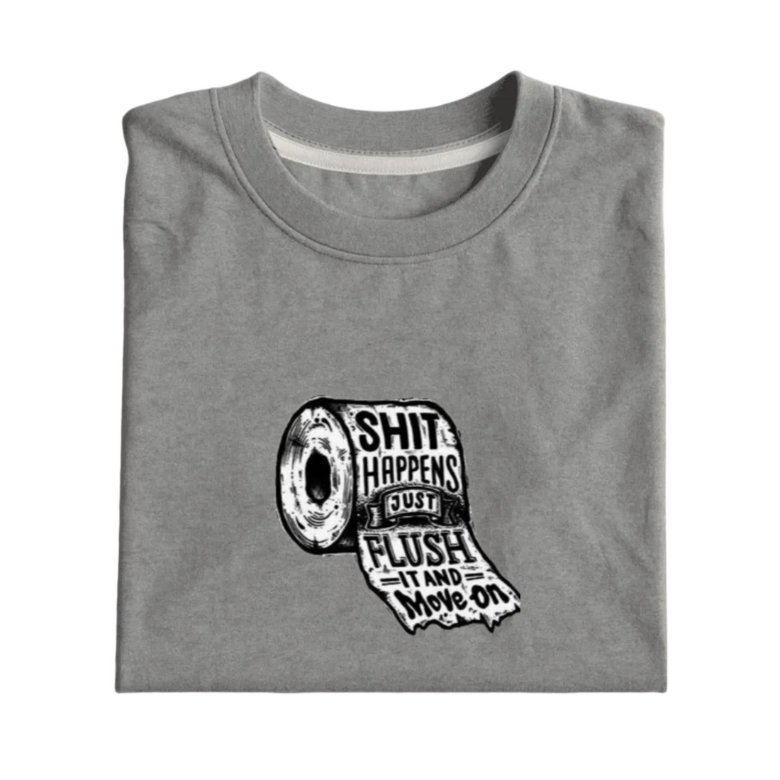 Gray t-shirt with a graphic of a toilet roll and text on a white background