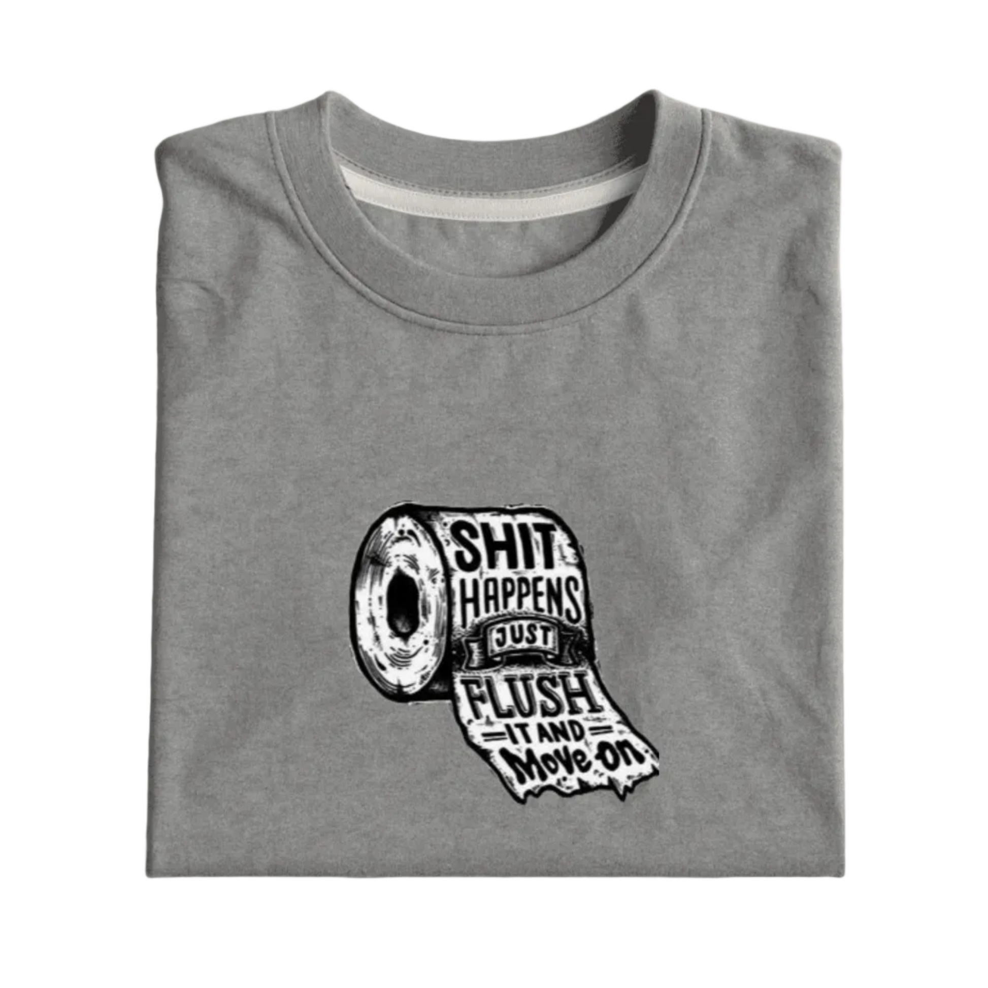 Gray t-shirt with a graphic of a toilet roll and text on a white background
