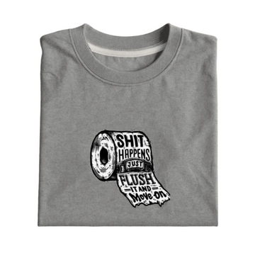 Gray t-shirt with a graphic of a toilet roll and text on a white background