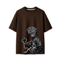 A dark brown short-sleeve t-shirt with a large anime-style graphic of a spiky-haired character in a black jacket with lightning effects, shown on a plain white background.