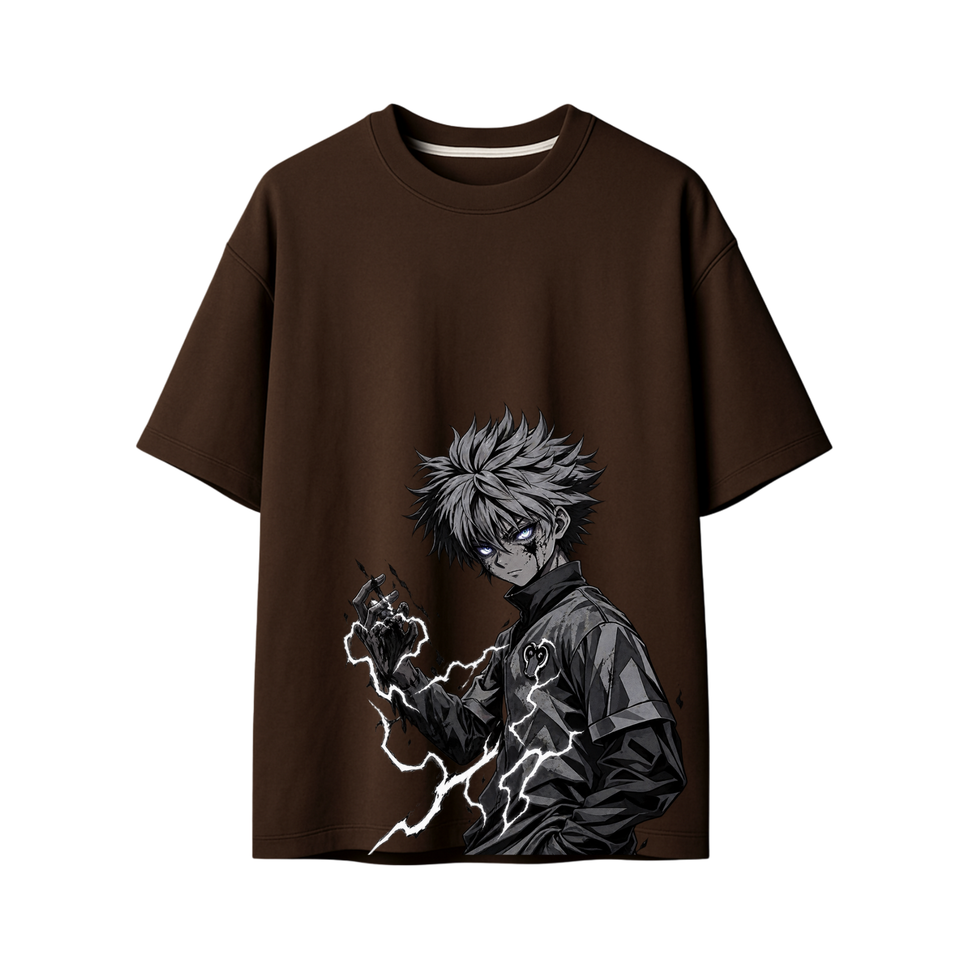 A dark brown short-sleeve t-shirt with a large anime-style graphic of a spiky-haired character in a black jacket with lightning effects, shown on a plain white background.