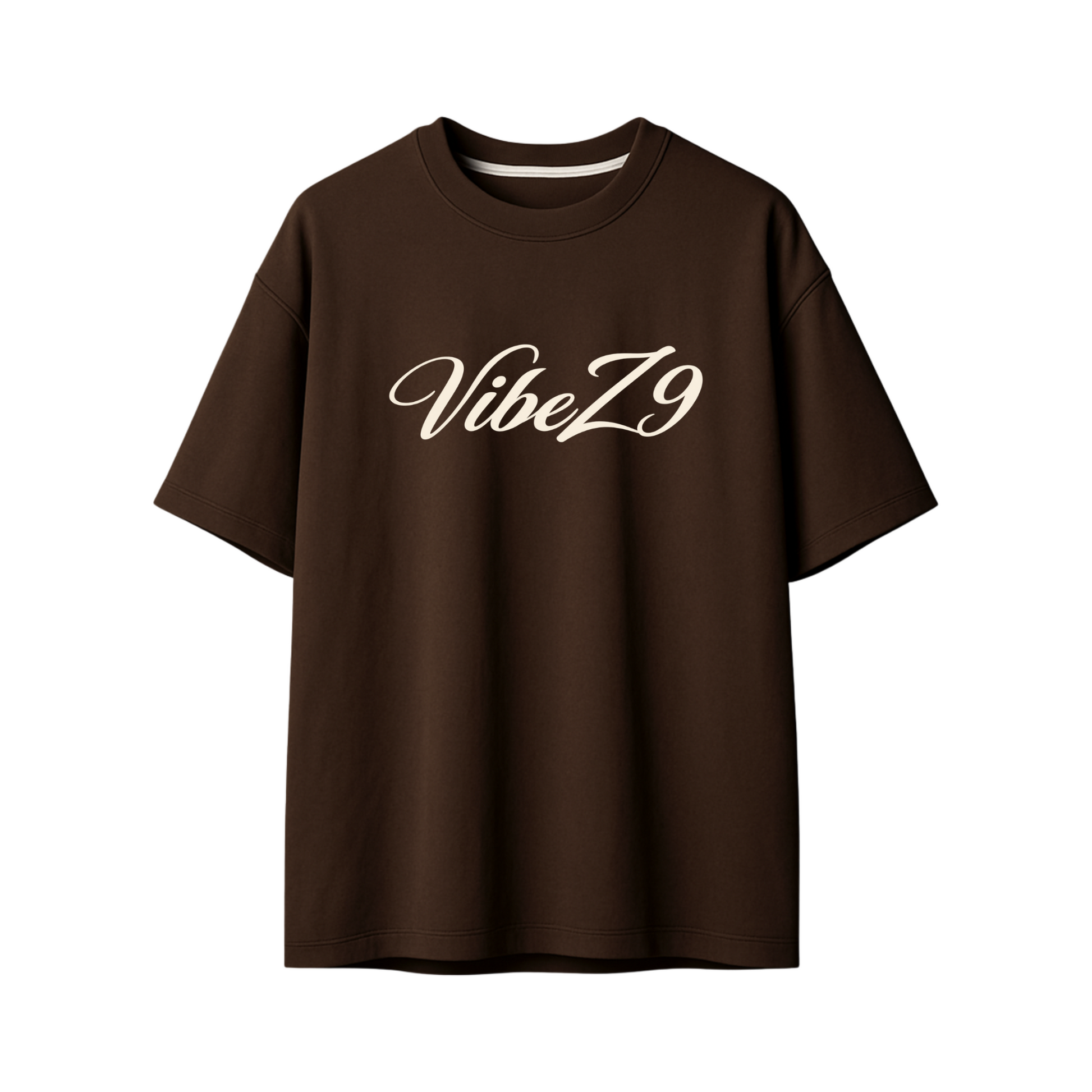 A dark brown short-sleeve crewneck t-shirt with 'VibeZ9' printed in a cream-colored cursive font across the chest, shown against a plain white background.