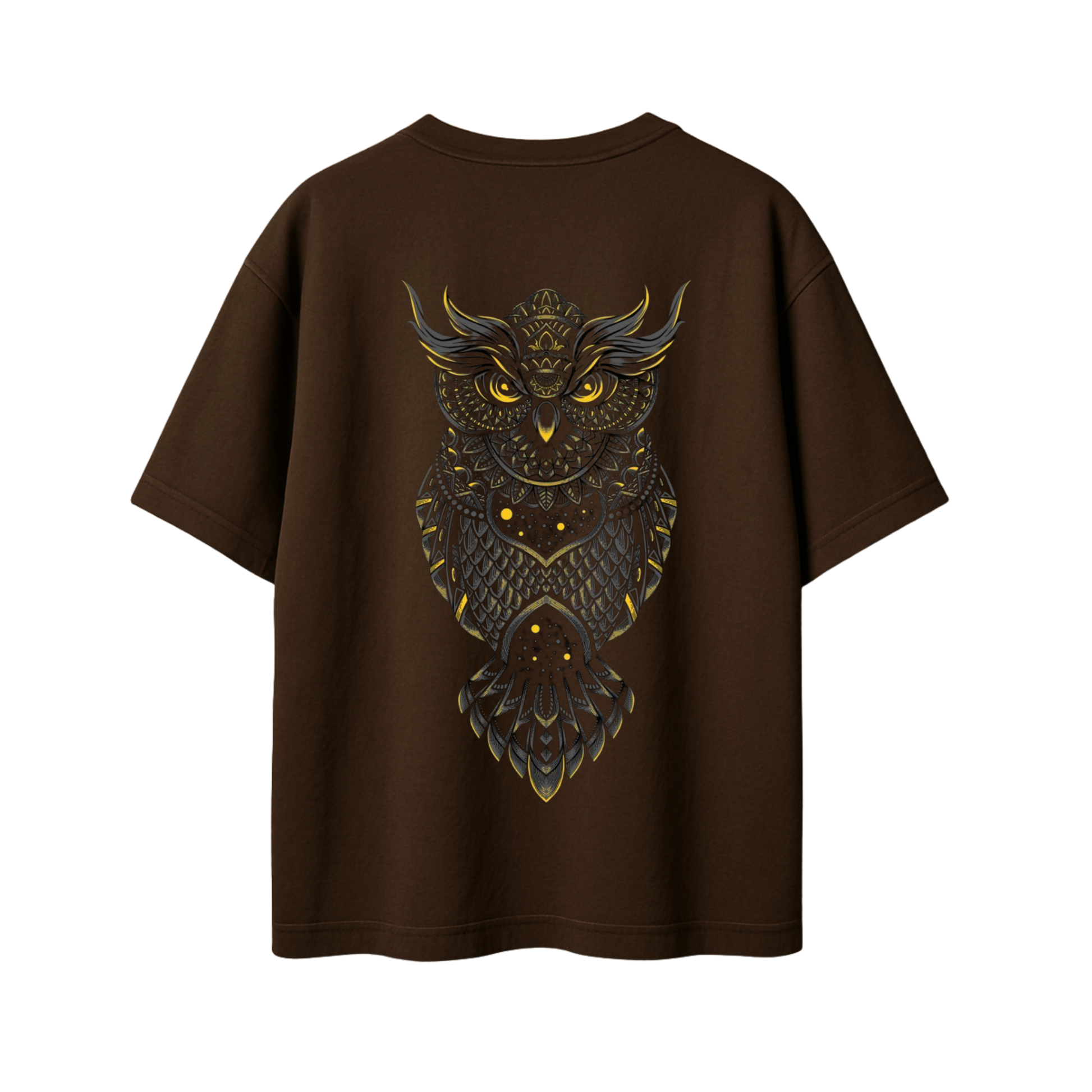 A dark brown short-sleeve t-shirt with a large, detailed graphic of an owl on the back. The owl is rendered in black with intricate gold patterns and glowing yellow eyes, set against a solid white background.