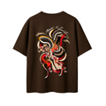 A dark brown short-sleeve t-shirt shown from the back, featuring a large, detailed graphic of a Japanese-style dragon in red, black, and white, with the text 'Rough is Great' written above it.