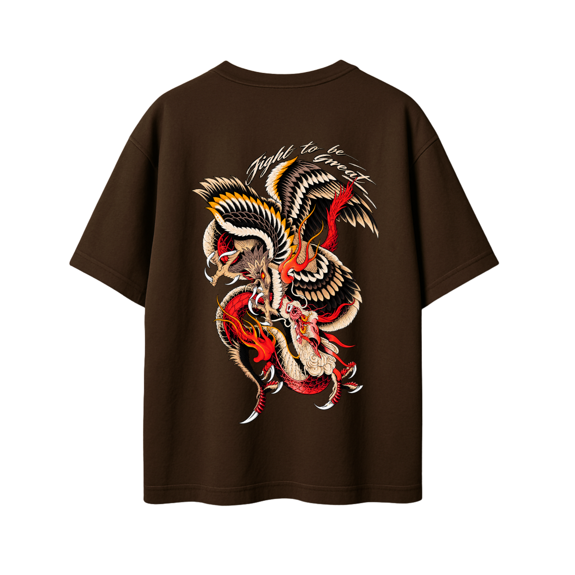 A dark brown short-sleeve t-shirt shown from the back, featuring a large, detailed graphic of a Japanese-style dragon in red, black, and white, with the text 'Rough is Great' written above it.