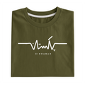 A folded olive green t-shirt with a white graphic of a heartbeat line forming the word 'ZINDABAD' underneath, displayed on a clean white background.