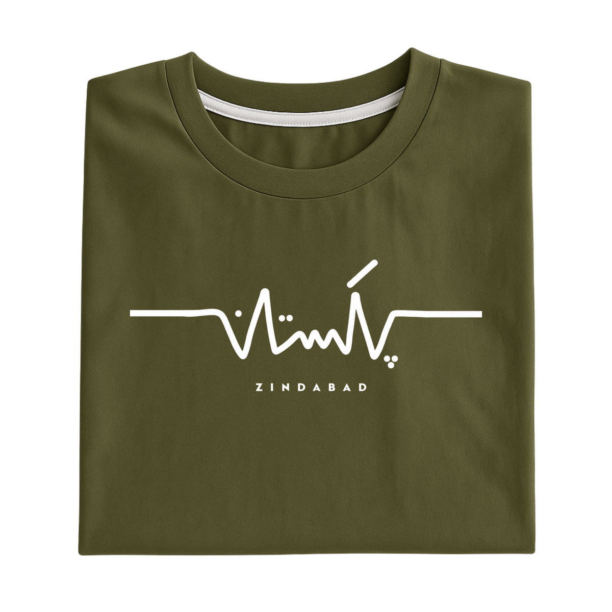 A folded olive green t-shirt with a white graphic of a heartbeat line forming the word 'ZINDABAD' underneath, displayed on a clean white background.