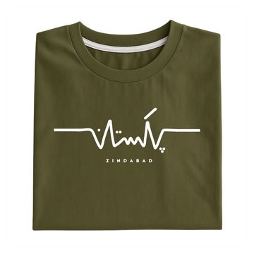 A folded olive green t-shirt with a white graphic of a heartbeat line forming the word 'ZINDABAD' underneath, displayed on a clean white background.