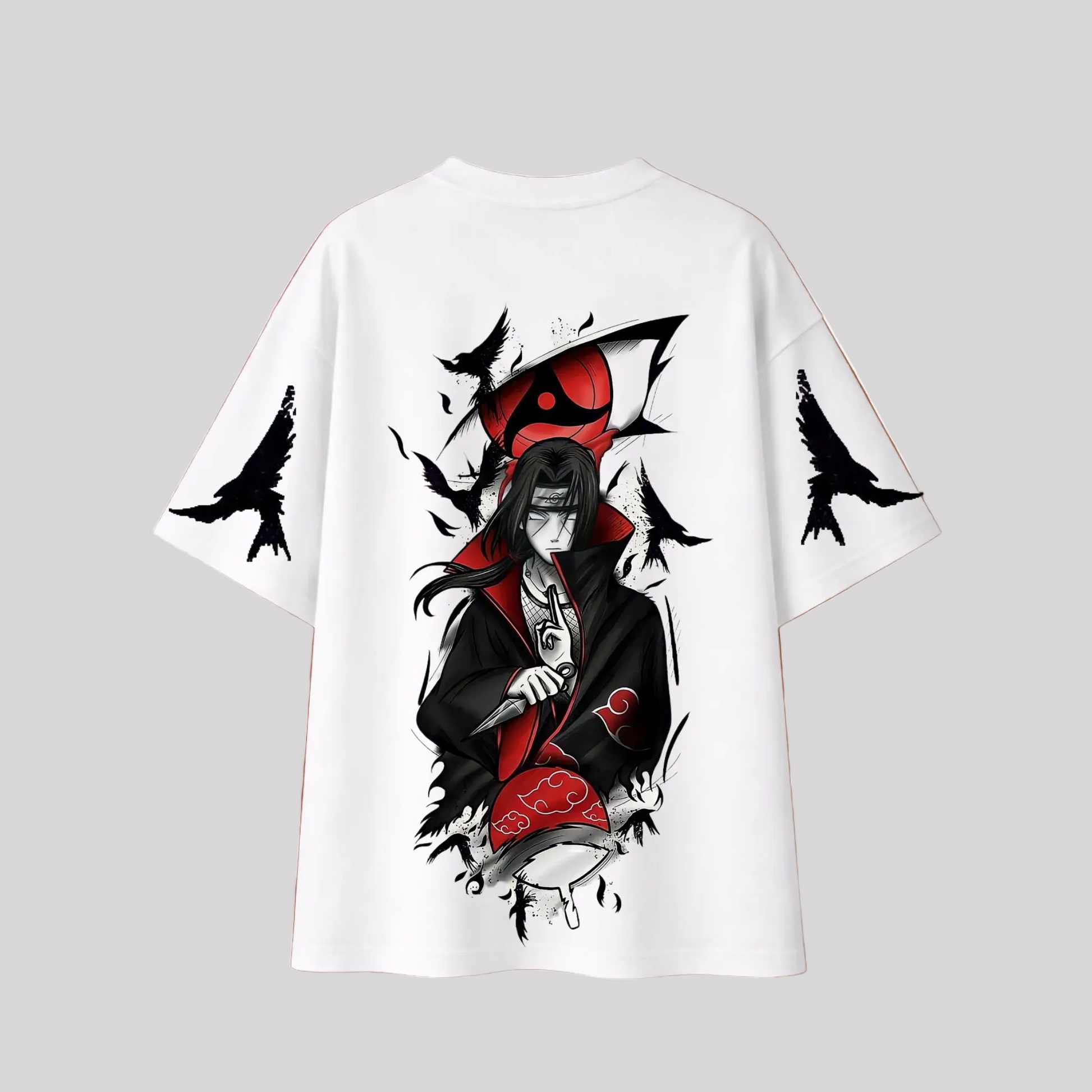 White t-shirt with black and red graphic design on an orange background