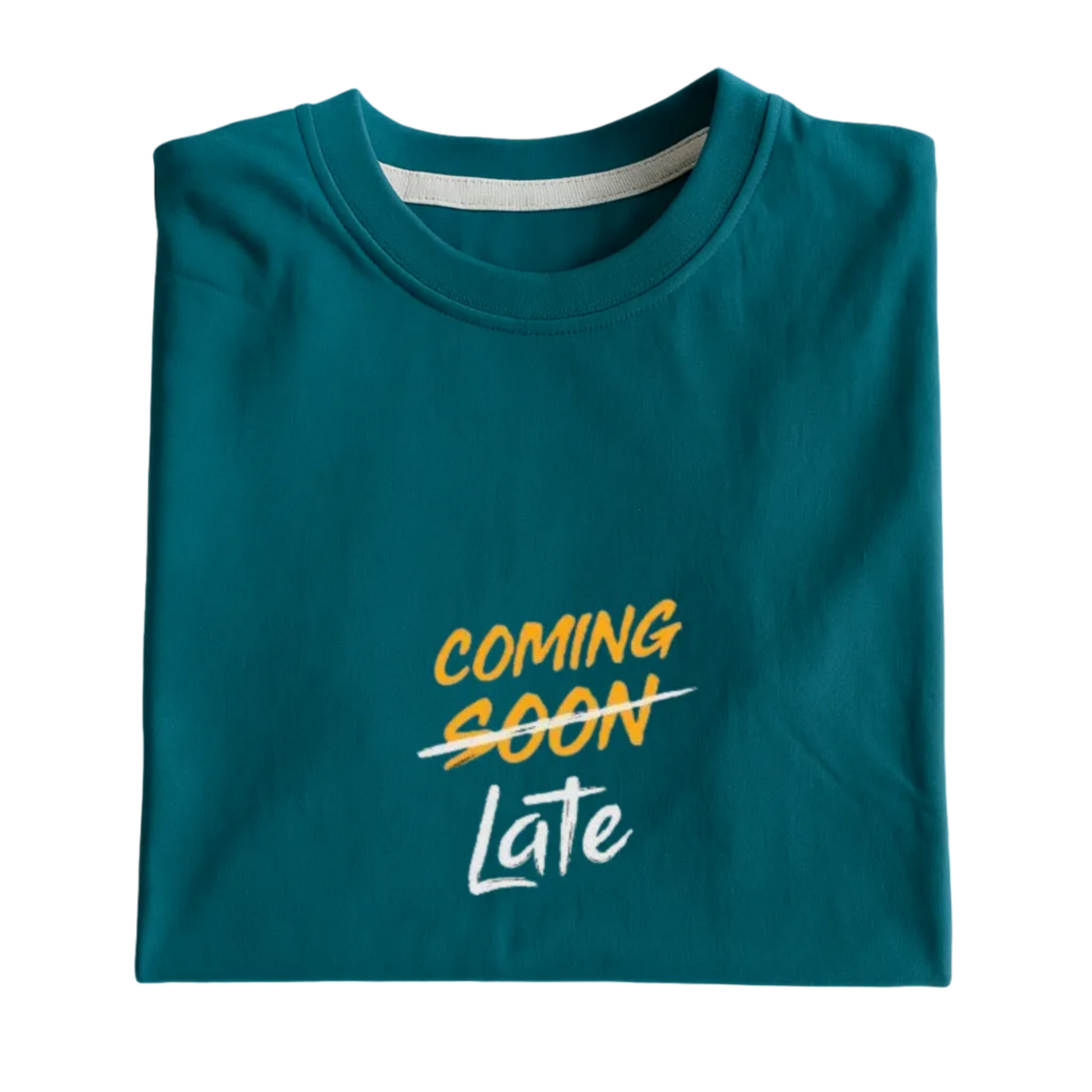 Teal t-shirt with 'COMING SOON Late' text on a white background