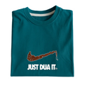 Teal t-shirt with a graphic design and text on a white background