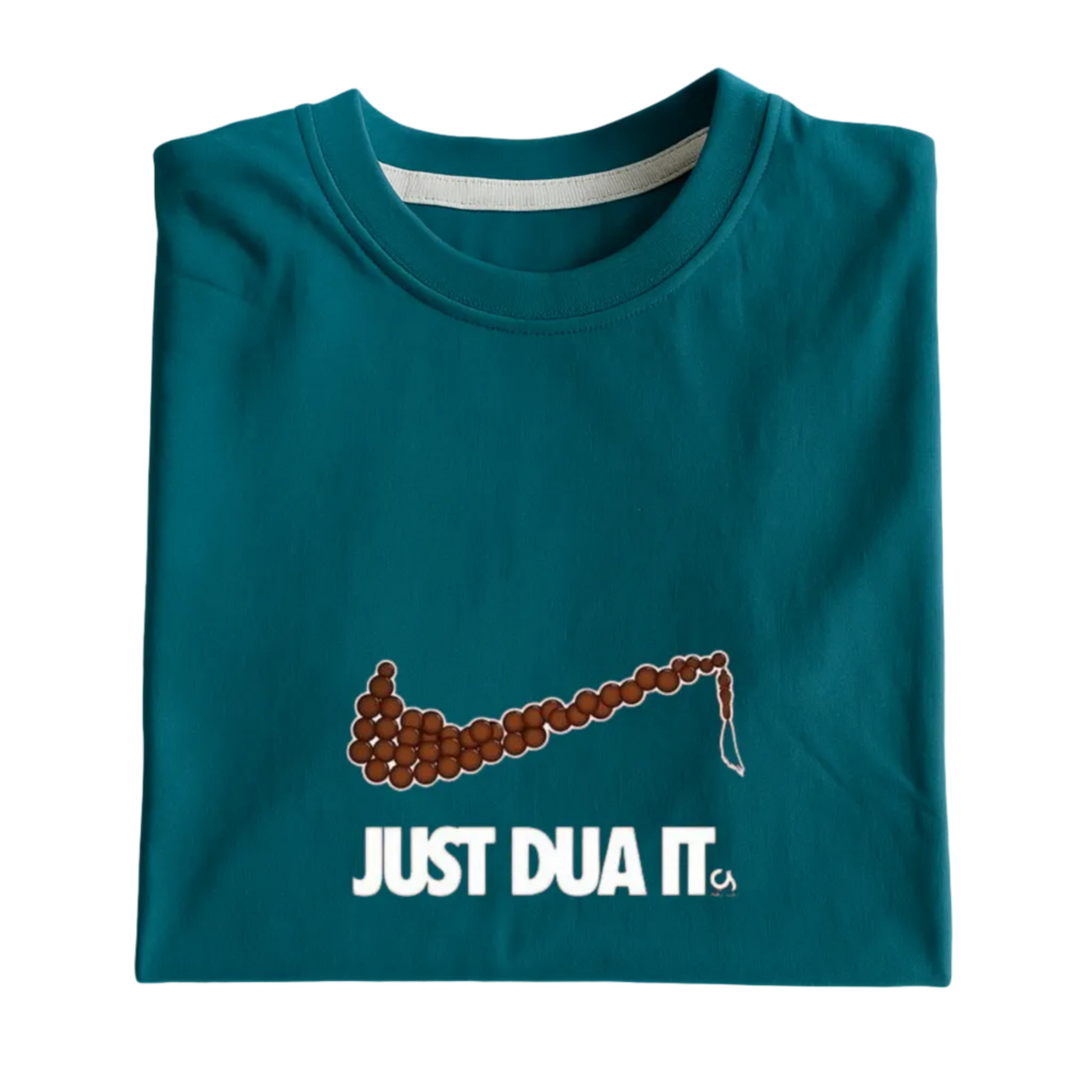 Teal t-shirt with a graphic design and text on a white background