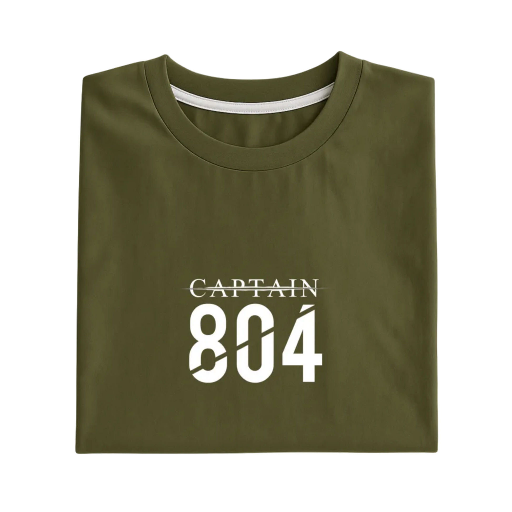 Folded green t-shirt with 'CAPTAIN 804' text on a white background