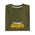 Folded green t-shirt with 'Last Minute Engineer' text on a white background