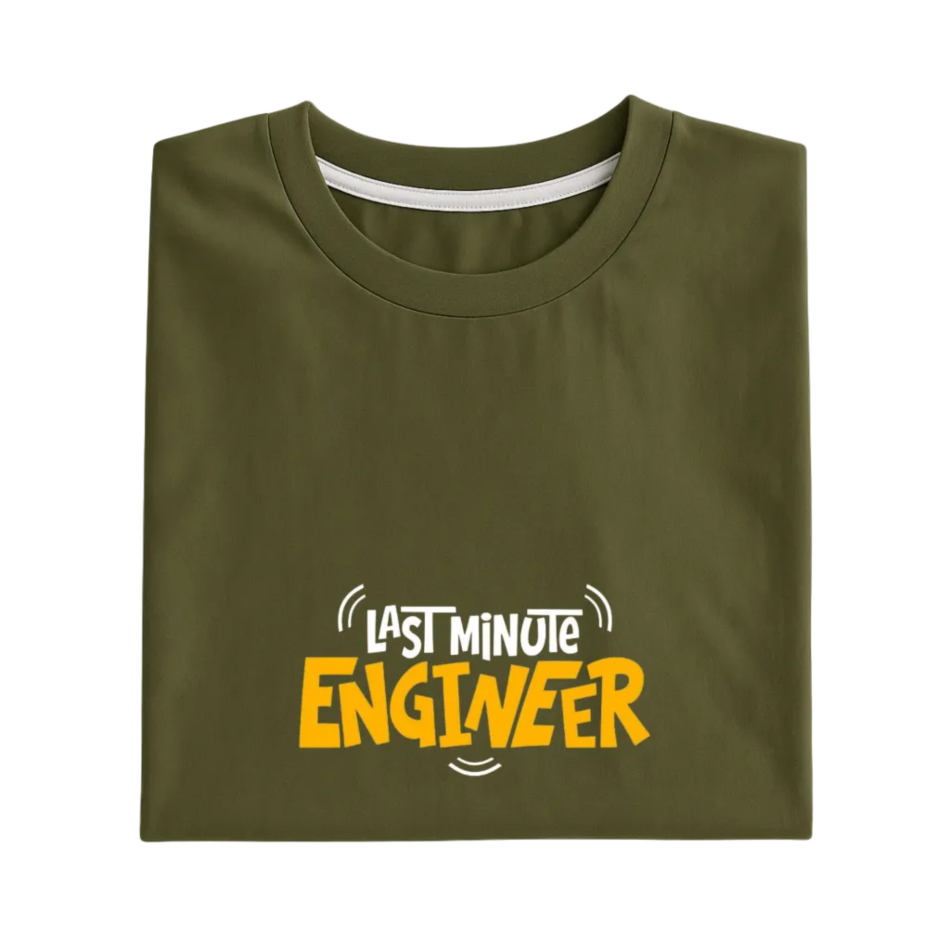 Folded green t-shirt with 'Last Minute Engineer' text on a white background