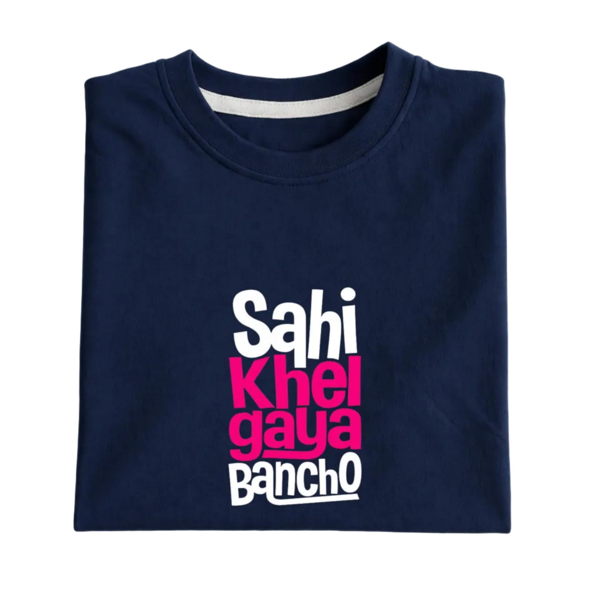Folded navy blue t-shirt with colorful text on a white background