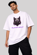 Person wearing a white t-shirt with 'Alpha Wolf' graphic design on a light gray background
