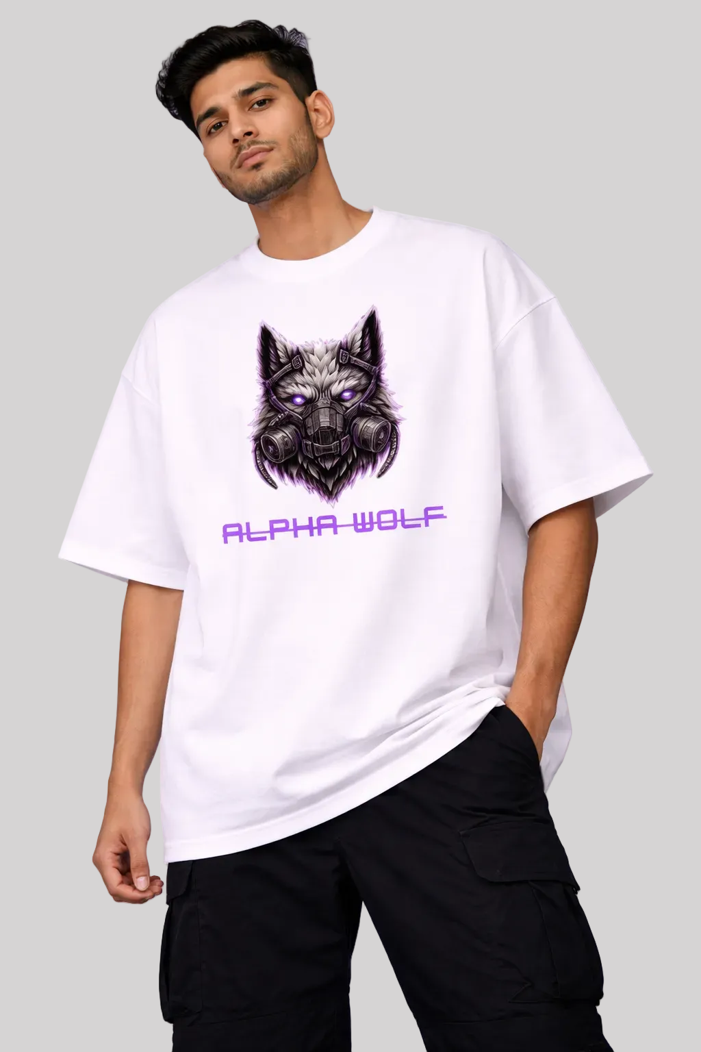 Person wearing a white t-shirt with 'Alpha Wolf' graphic design on a light gray background