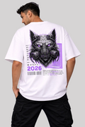 Person wearing a white t-shirt with a wolf graphic and text on the back against a light purple background
